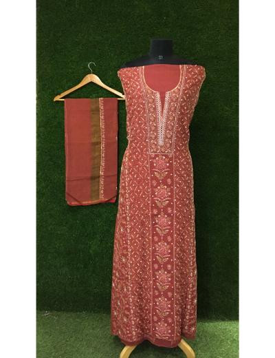 Chhangamal Hand Embroidered Red Colour Mul-chanderi Chikankari Kurta Dupatta Piece