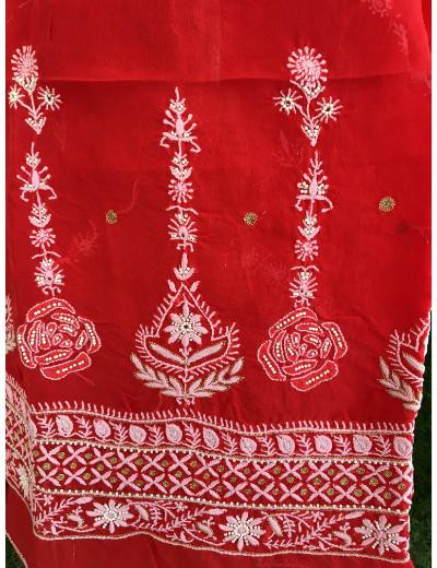 Chhangamal Hand Embroidered Red Colour Pure Organza  Chikankari Kurta Dupatta Piece