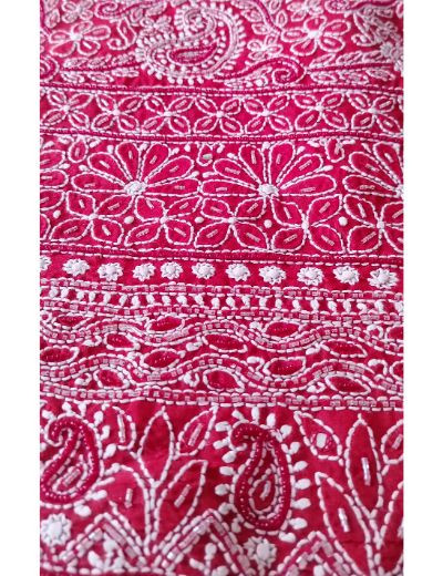 Chhangamal Hand Embroidered Red Colour Unstitched Cotten Chikankari Suit Length