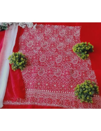 Chhangamal Hand Embroidered Red Colour Unstitched Cotten Chikankari Suit Length