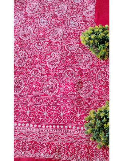 Chhangamal Hand Embroidered Red Colour Unstitched Cotten Chikankari Suit Length