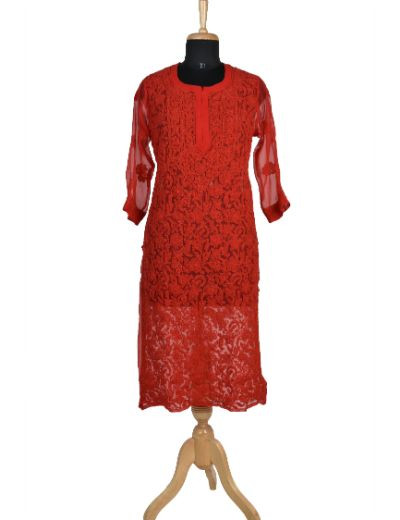 Chhangamal Hand Embroidered Red Faux Georgette Chikankari Kurti