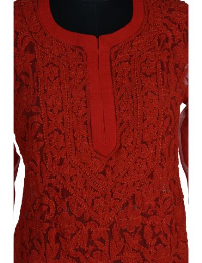 Chhangamal Hand Embroidered Red Faux Georgette Chikankari Kurti
