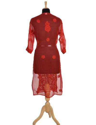 Chhangamal Hand Embroidered Red Faux Georgette Chikankari Kurti