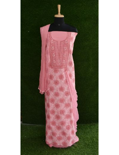 Chhangamal Hand Embroidered Reddish Pink Colour Unstitched Cotten Chikankari Suit Length