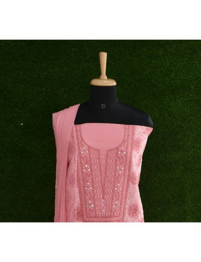 Chhangamal Hand Embroidered Reddish Pink Colour Unstitched Cotten Chikankari Suit Length