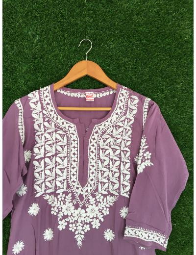 Chhangamal Hand Embroidered Rhubarb Purple Colour Modal Chikankari Kurti