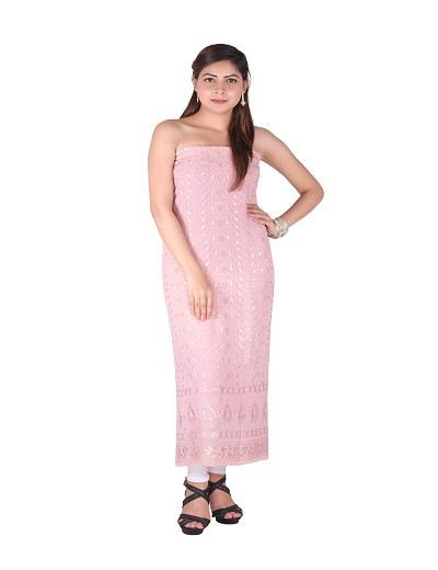 Chhangamal Hand Embroidered Rose Brown Chikankari Pure Georgette Kurta Length