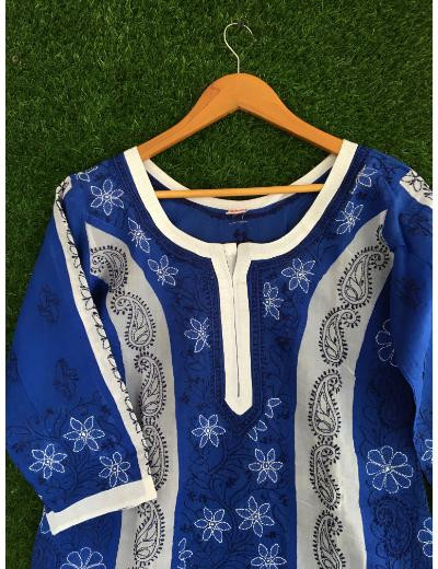 Chhangamal Hand Embroidered Royal Blue Colour Cotton Chikankari kurti