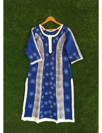 Chhangamal Hand Embroidered Royal Blue Colour Cotton Chikankari kurti