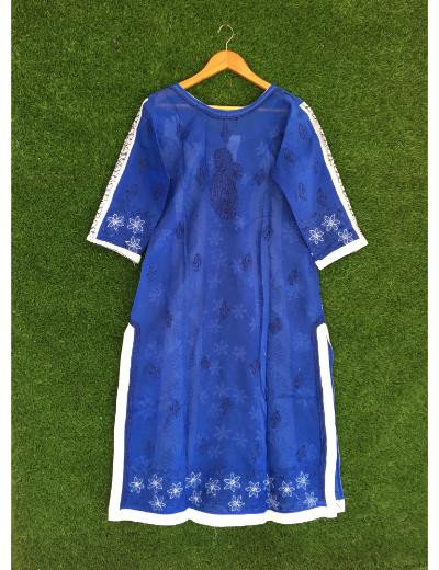 Chhangamal Hand Embroidered Royal Blue Colour Cotton Chikankari kurti