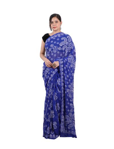 Chhangamal Hand Embroidered Royal Blue Georgette Chikankari Saree