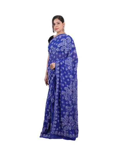 Chhangamal Hand Embroidered Royal Blue Georgette Chikankari Saree