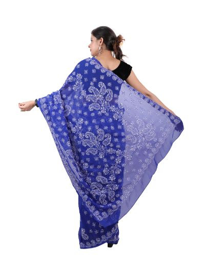 Chhangamal Hand Embroidered Royal Blue Georgette Chikankari Saree