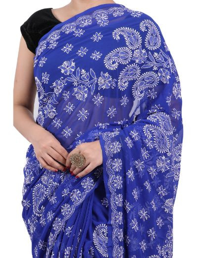 Chhangamal Hand Embroidered Royal Blue Georgette Chikankari Saree