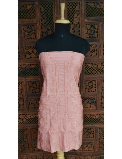 Chhangamal Hand Embroidered Rust Pink Colour Chikankari Chanderi Unstitched Top Length
