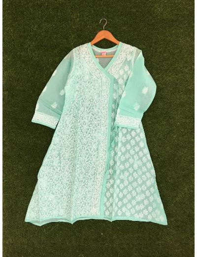 Chhangamal Hand Embroidered Sea Green Colour Cotton Chikankari Kurti
