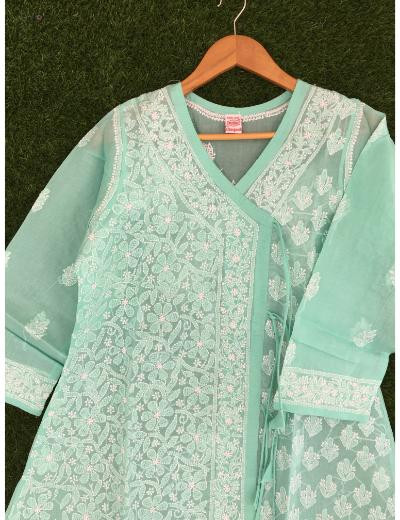 Chhangamal Hand Embroidered Sea Green Colour Cotton Chikankari Kurti