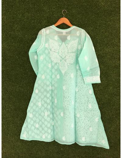 Chhangamal Hand Embroidered Sea Green Colour Cotton Chikankari Kurti