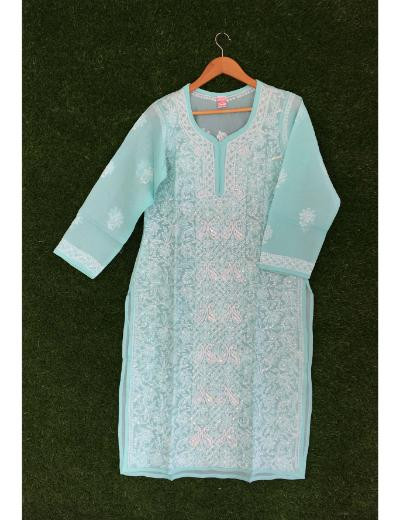 Chhangamal Hand Embroidered Sea Green Colour Cotton Chikankari Kurti