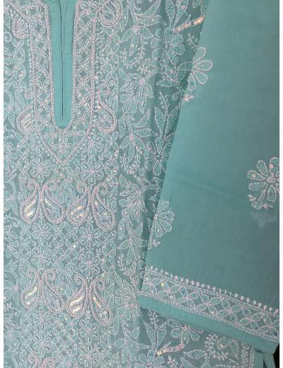 Chhangamal Hand Embroidered Sea Green Colour Cotton Chikankari Kurti