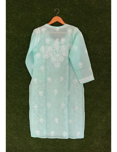 Chhangamal Hand Embroidered Sea Green Colour Cotton Chikankari Kurti