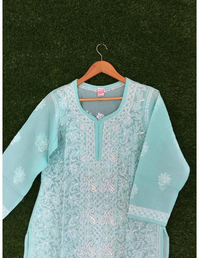 Chhangamal Hand Embroidered Sea Green Colour Cotton Chikankari Kurti