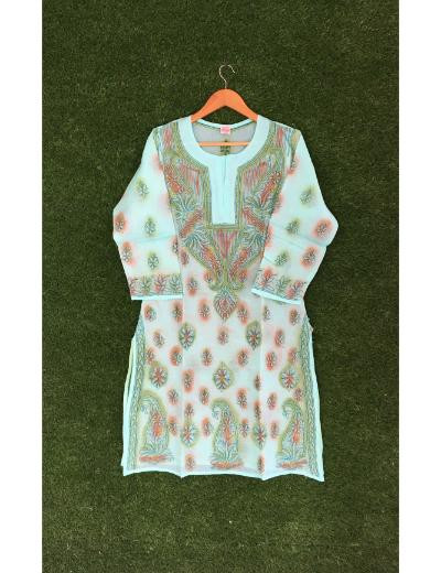 Chhangamal Hand Embroidered Sea Green Colour Cotton Chikankari Kurti