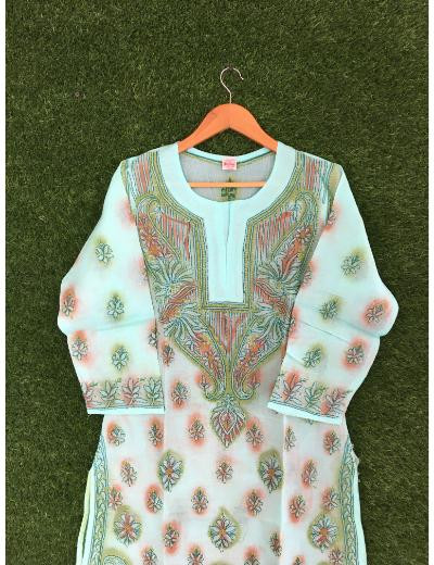 Chhangamal Hand Embroidered Sea Green Colour Cotton Chikankari Kurti