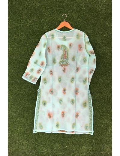 Chhangamal Hand Embroidered Sea Green Colour Cotton Chikankari Kurti