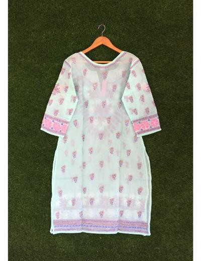 Chhangamal Hand Embroidered Sea Green Colour Cotton Chikankari Kurti