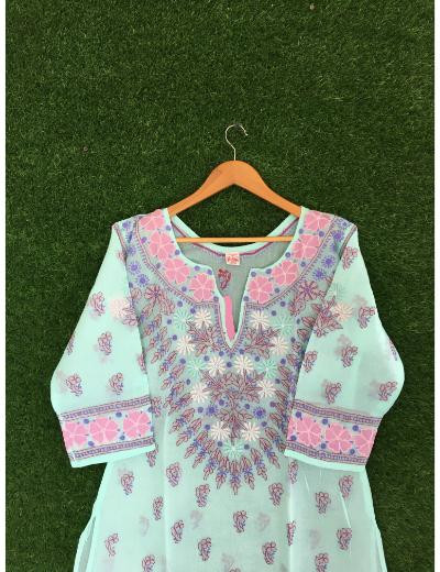 Chhangamal Hand Embroidered Sea Green Colour Cotton Chikankari Kurti