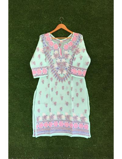 Chhangamal Hand Embroidered Sea Green Colour Cotton Chikankari Kurti