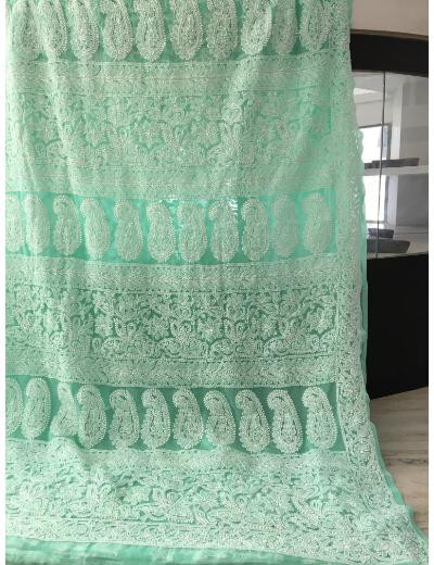 Chhangamal Hand Embroidered Sea Green Colour Georgette Chikankari Saree