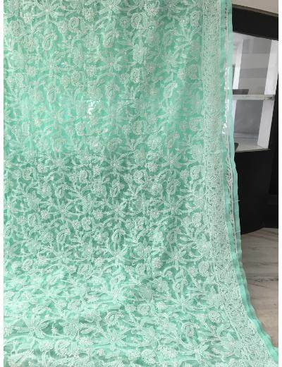 Chhangamal Hand Embroidered Sea Green Colour Georgette Chikankari Saree