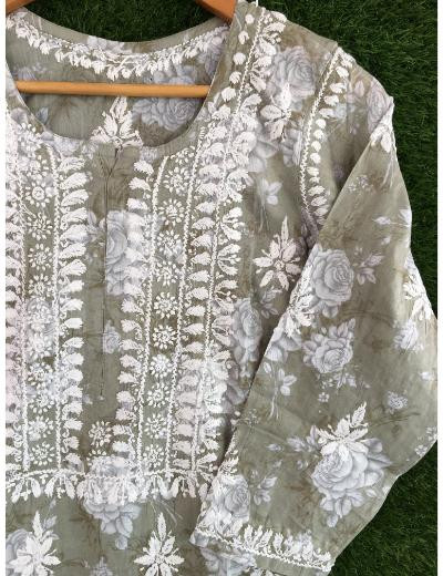 Chhangamal Hand Embroidered Sea Green Colour Mul Cotton Chikankari Kurti Piece