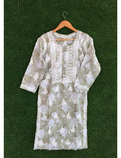 Chhangamal Hand Embroidered Sea Green Colour Mul Cotton Chikankari Kurti Piece