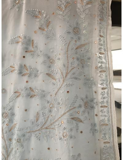 Chhangamal Hand Embroidered Sea Green Colour Pure Georgette  Chikankari Saree Piece
