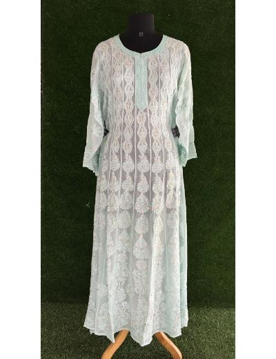 Chhangamal Hand Embroidered Sea Green Colour Pure Georgette Chikankari Anaarkali Kurti Top
