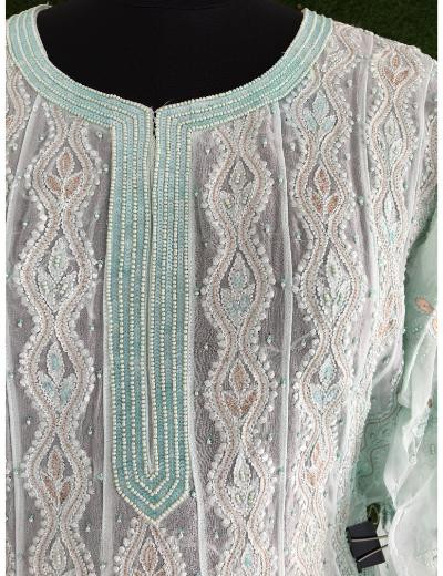 Chhangamal Hand Embroidered Sea Green Colour Pure Georgette Chikankari Anaarkali Kurti Top