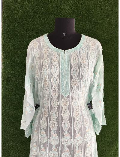 Chhangamal Hand Embroidered Sea Green Colour Pure Georgette Chikankari Anaarkali Kurti Top
