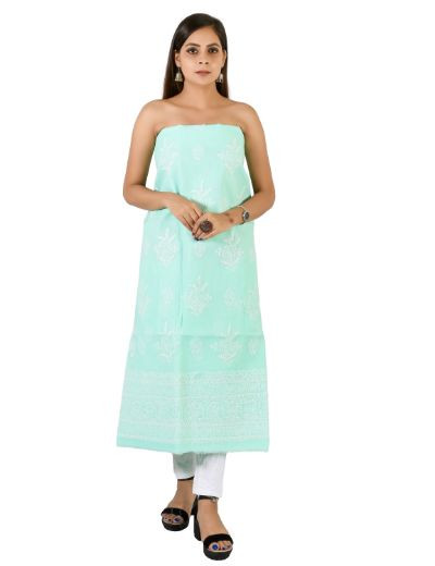 Chhangamal Hand Embroidered Sea Green Cotton Blend Chikankari Suitlength