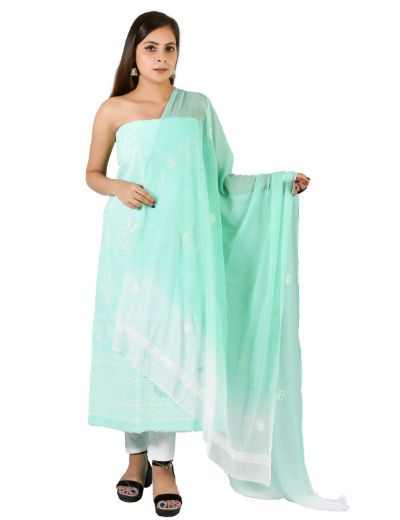 Chhangamal Hand Embroidered Sea Green Cotton Blend Chikankari Suitlength