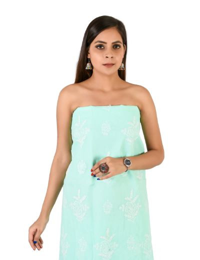 Chhangamal Hand Embroidered Sea Green Cotton Blend Chikankari Suitlength