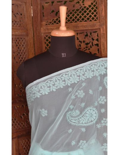Chhangamal Hand Embroidered Sea Green Georgette Half Jaal Chikankari Saree