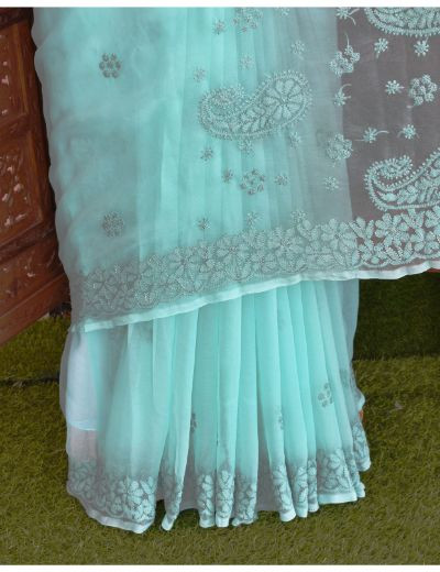 Chhangamal Hand Embroidered Sea Green Georgette Half Jaal Chikankari Saree