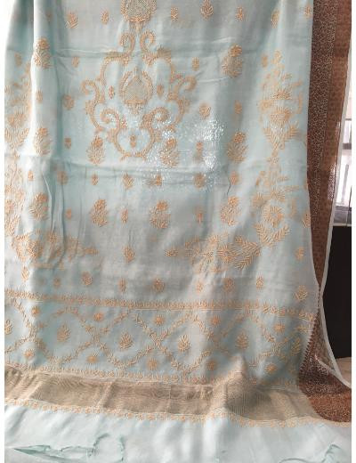 Chhangamal Hand Embroidered Sky Blue Colour Chanderi Silk Chikankari Saree