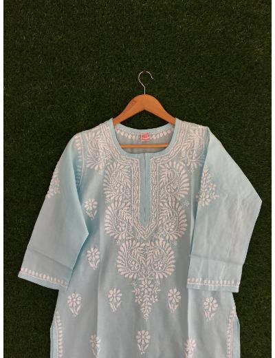 Chhangamal Hand Embroidered Sky Blue Colour Cotton Chikankari Kurti
