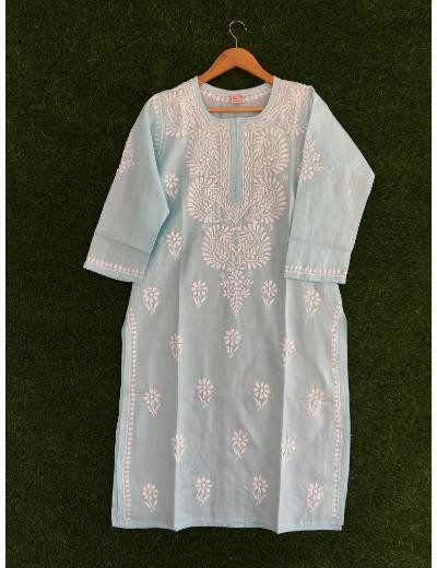 Chhangamal Hand Embroidered Sky Blue Colour Cotton Chikankari Kurti