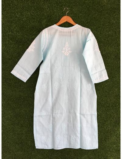Chhangamal Hand Embroidered Sky Blue Colour Cotton Chikankari Kurti